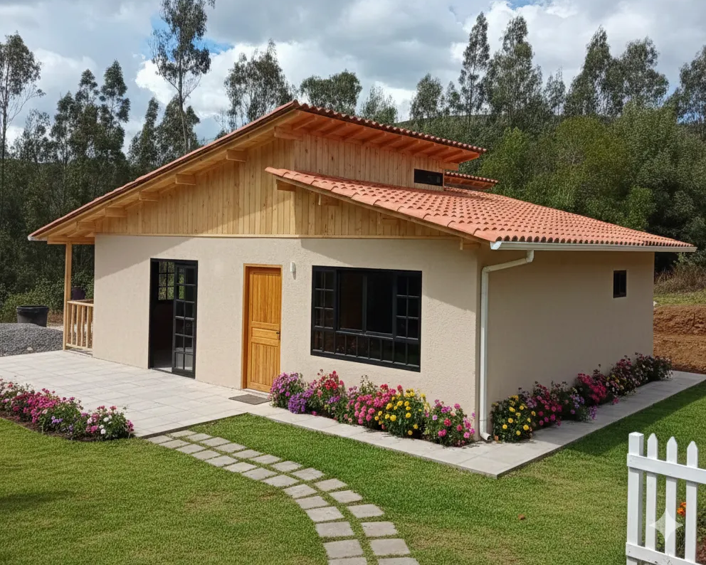 Casa prefabricada con techo de tejas y jardín florido